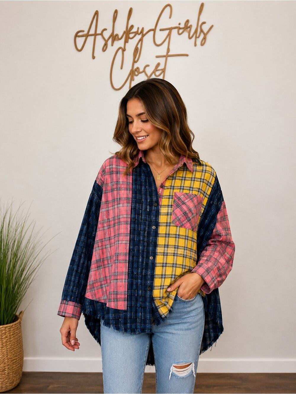 AEMI + CO NWT Patchwork Plaid Asymmetrical Button Down Shirt M